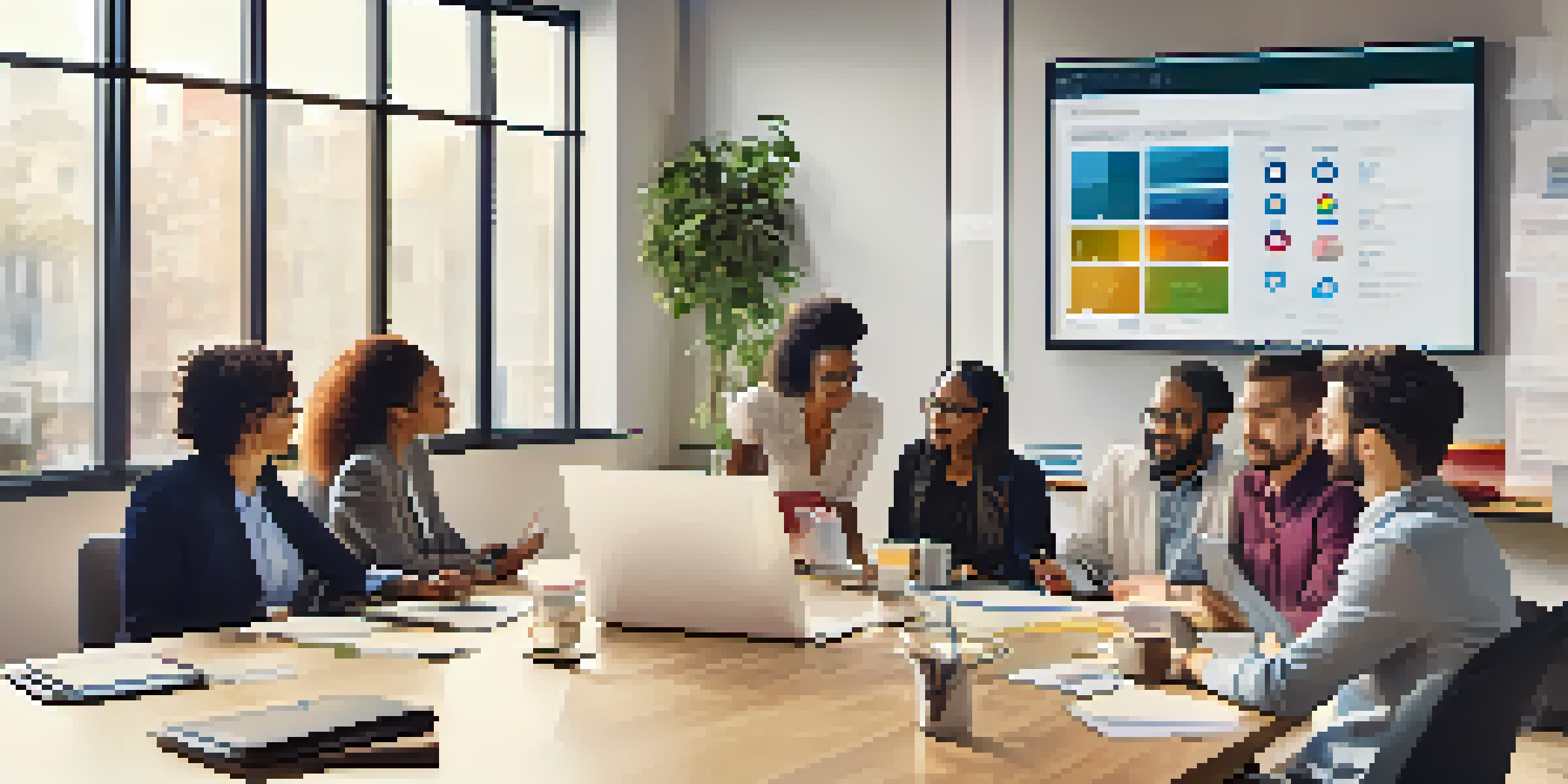 A diverse group of professionals in a meeting discussing CRM software, with laptops and a large screen displaying metrics.