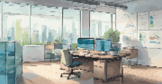 A modern office workspace with a desk, laptop, and data analytics displayed on a screen, illuminated by natural light.