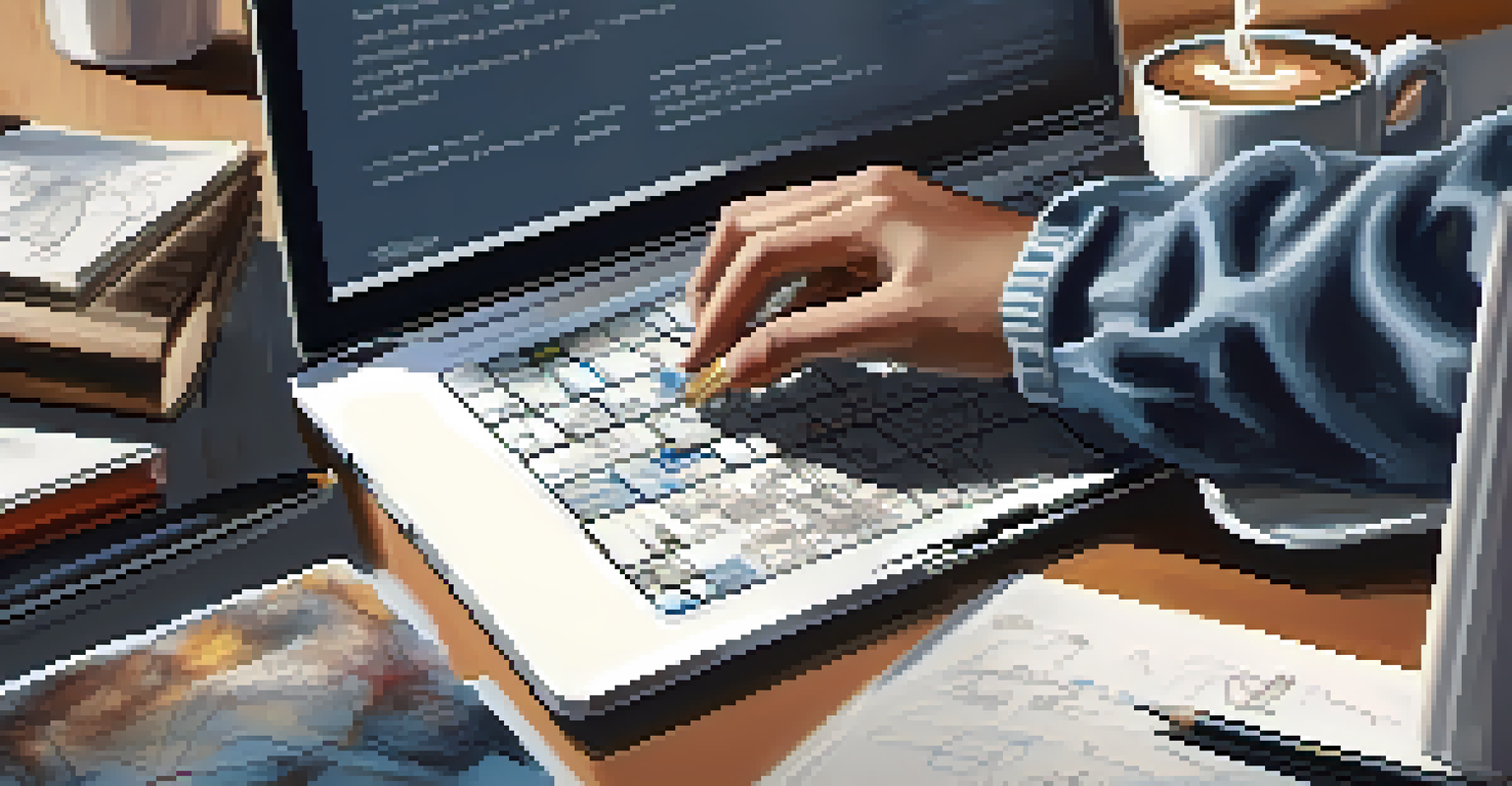 Close-up of hands typing on a laptop, surrounded by creative materials like books and sketches, highlighting the innovation process.