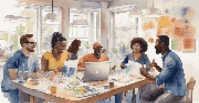 A diverse group of people collaborating on a crowdfunding campaign at a table filled with marketing materials and prototypes, with soft natural lighting.