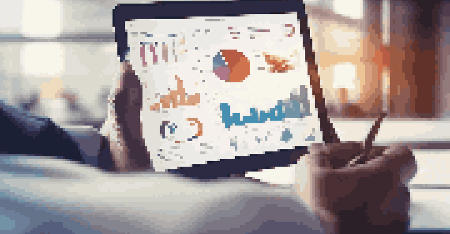 A digital tablet showing data analytics graphs and product designs in a modern office, with blurred silhouettes of team members collaborating in the background.