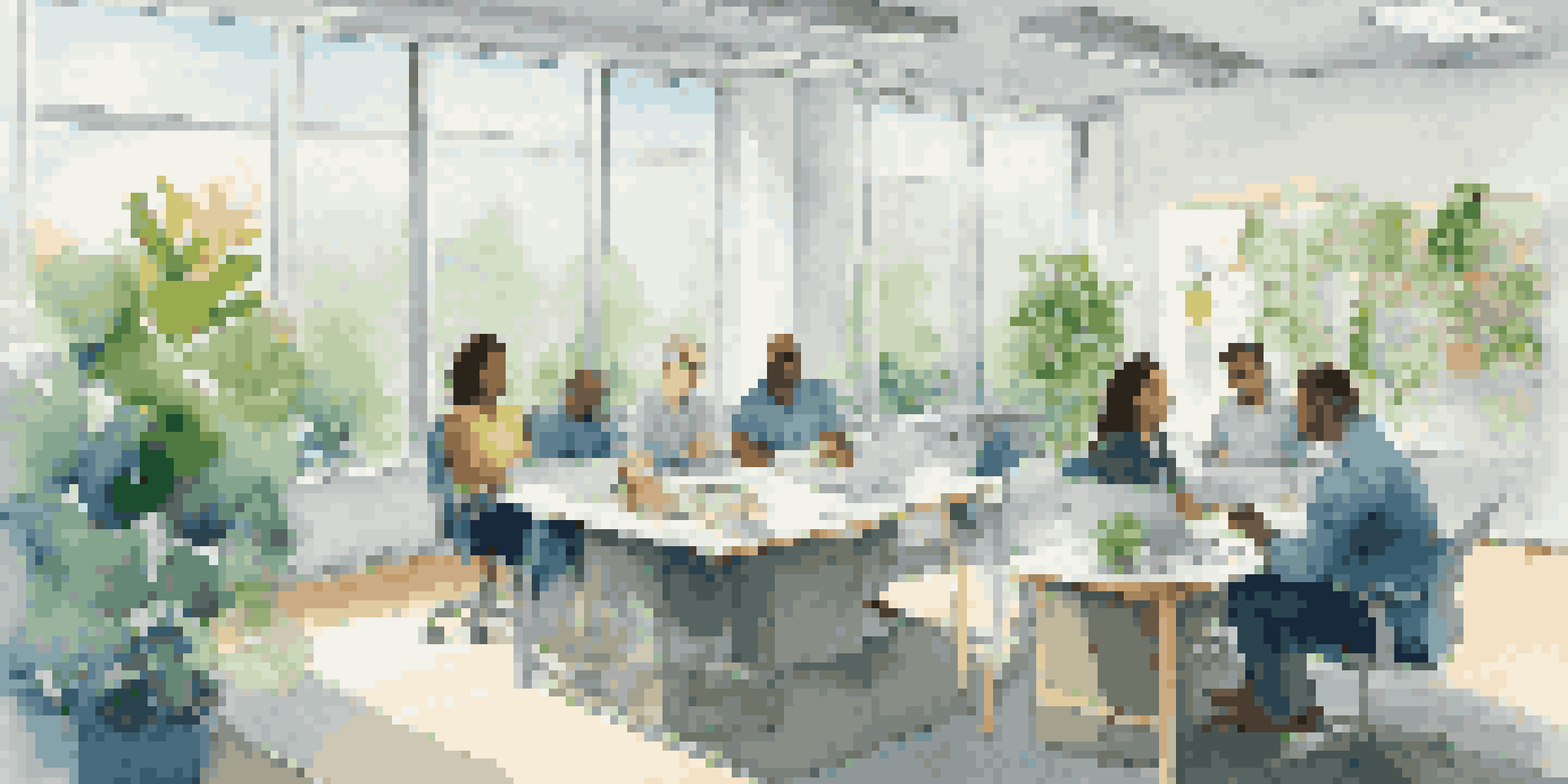 A diverse group of employees in a bright office engaged in a collaborative discussion, showcasing positive body language and a calming atmosphere.