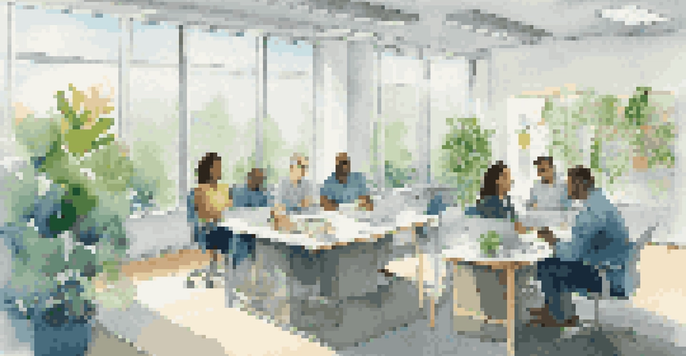 A diverse group of employees in a bright office engaged in a collaborative discussion, showcasing positive body language and a calming atmosphere.