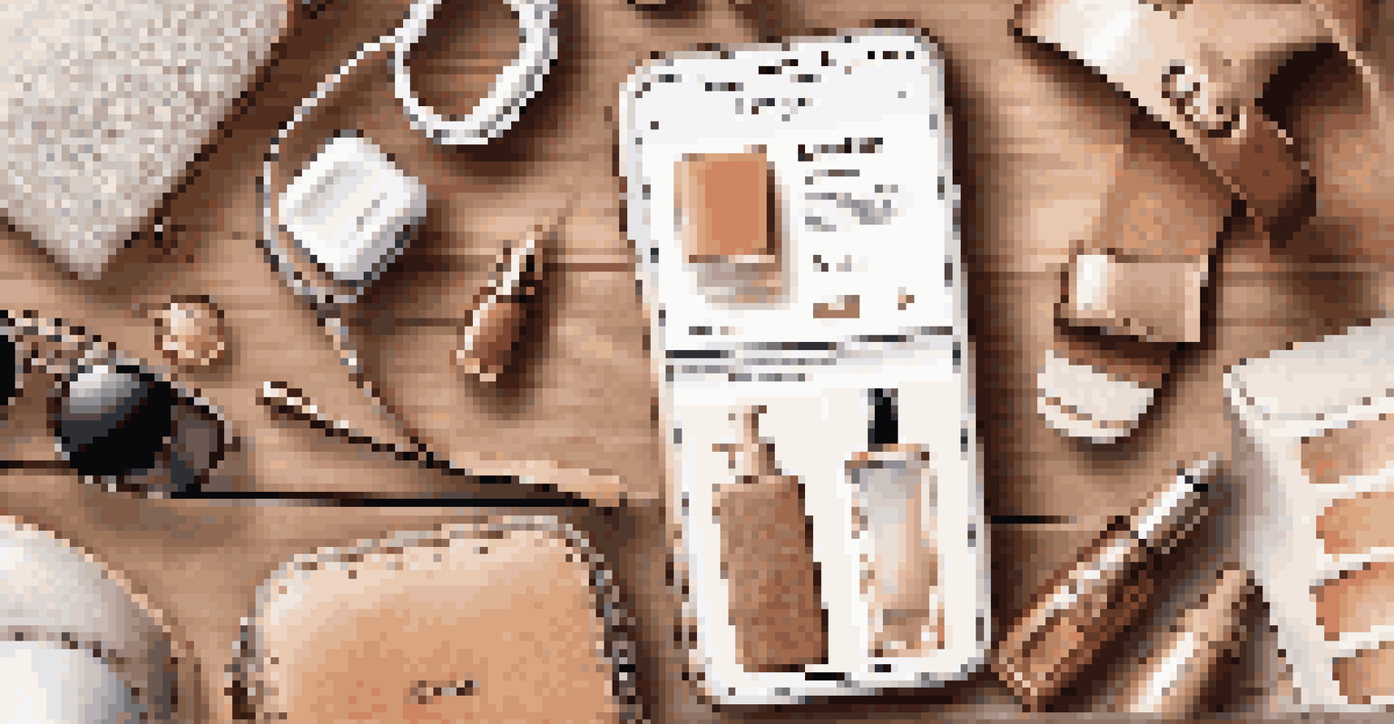 Flat lay of a smartphone showing a retail brand's Instagram page, surrounded by stylish accessories on a textured wooden surface.