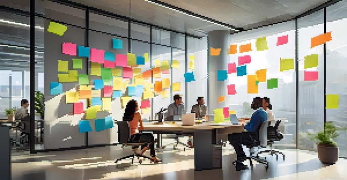 A diverse team brainstorming in a bright modern office, with sticky notes on a glass wall and a whiteboard filled with ideas.