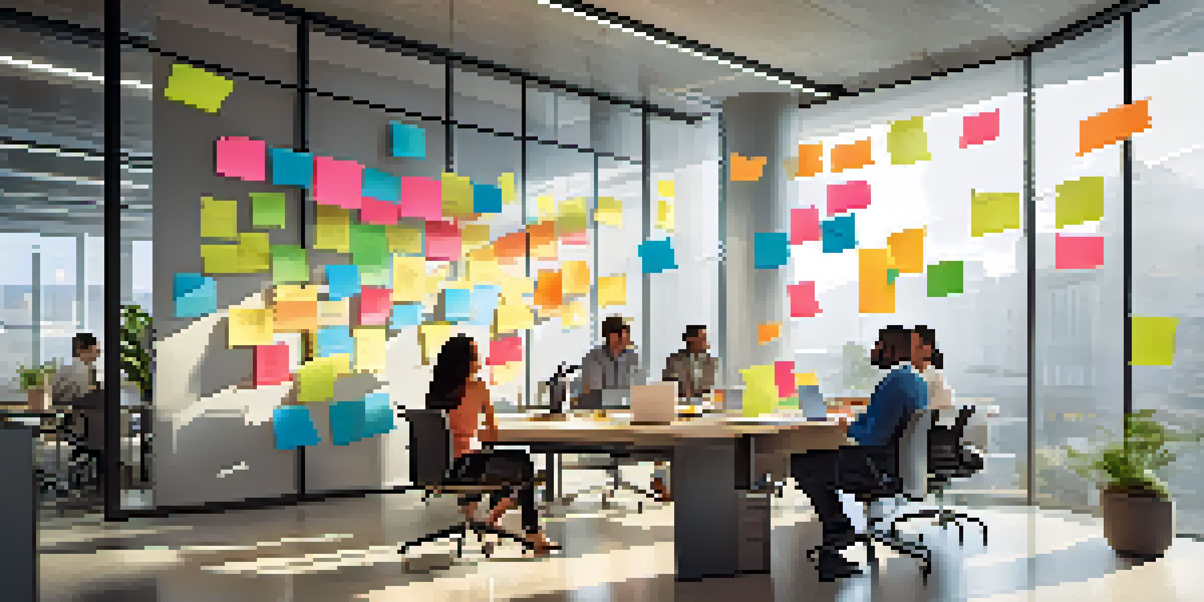 A diverse team brainstorming in a bright modern office, with sticky notes on a glass wall and a whiteboard filled with ideas.