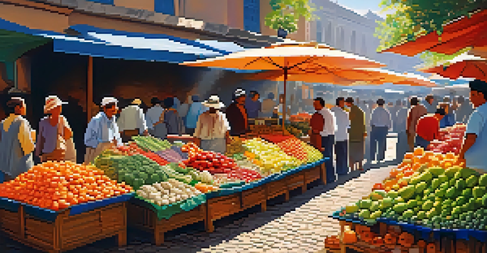 A lively market in an emerging economy with colorful stalls and diverse people interacting under a sunny sky.