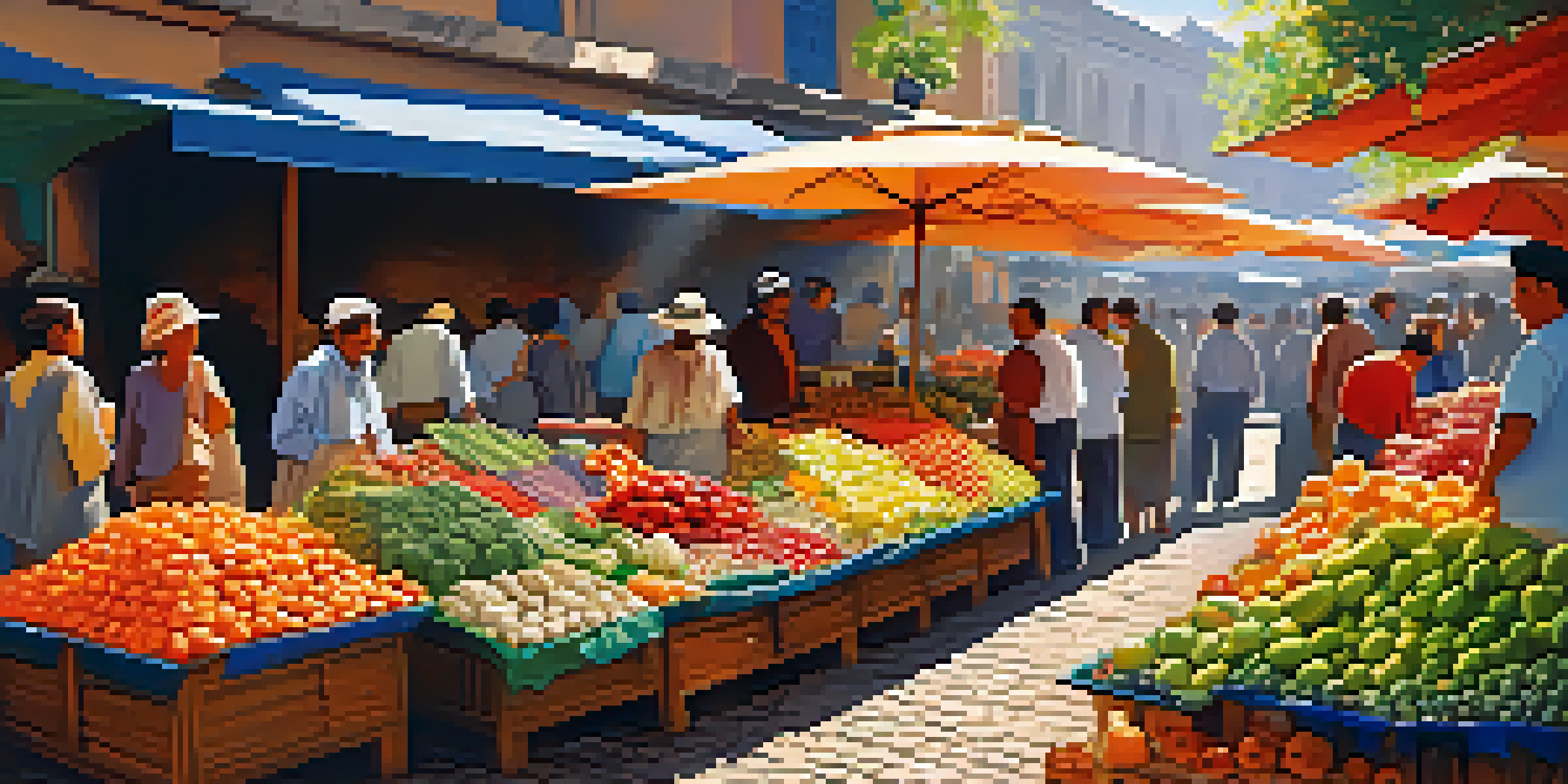 A lively market in an emerging economy with colorful stalls and diverse people interacting under a sunny sky.