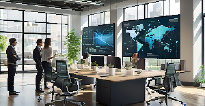 A bright and modern office showcasing digital technology and collaboration among employees.