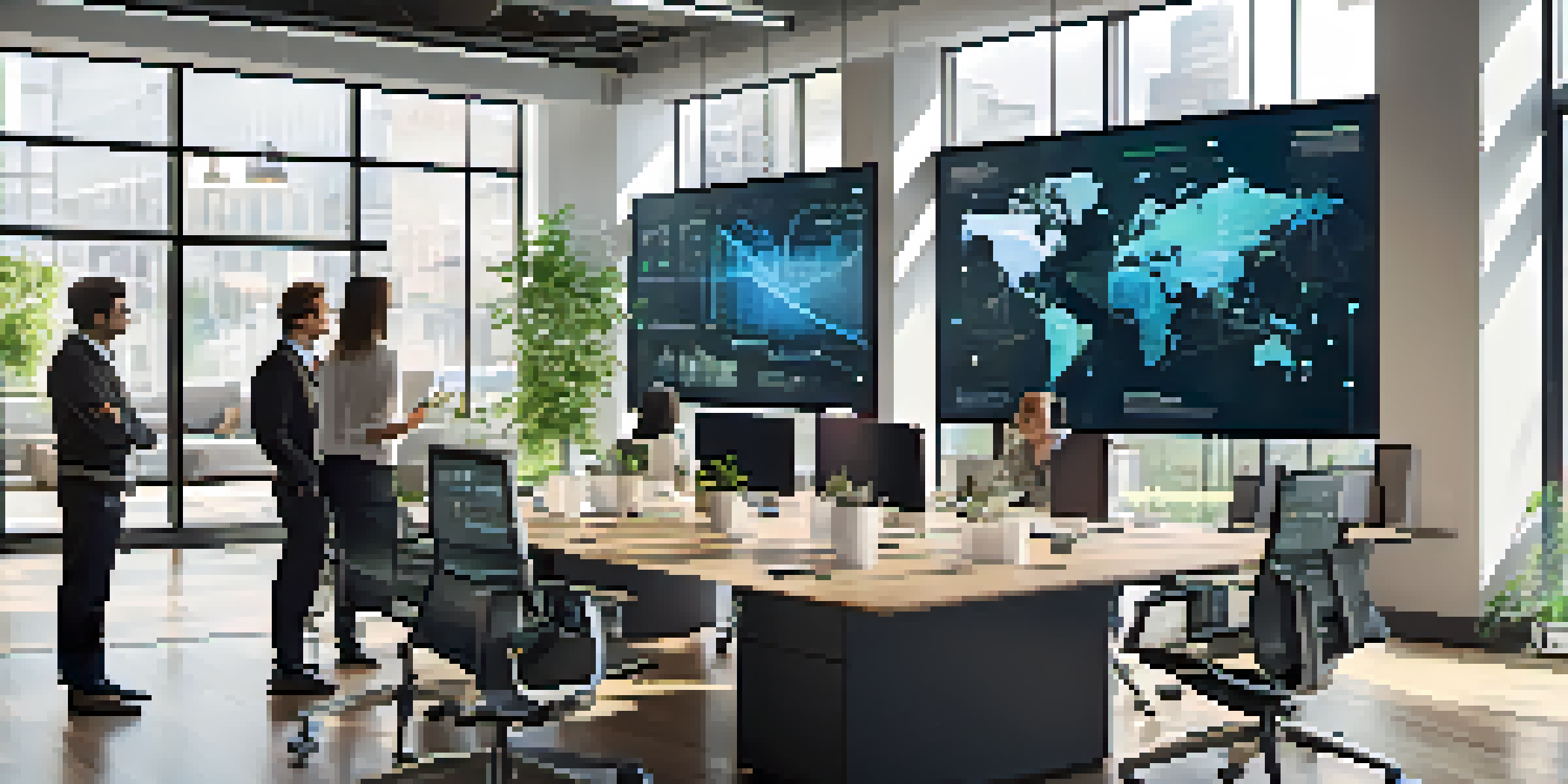 A bright and modern office showcasing digital technology and collaboration among employees.