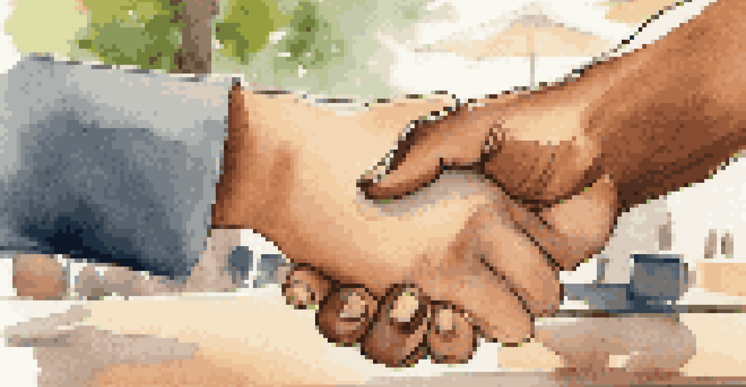 A close-up of two people shaking hands in a casual outdoor setting, symbolizing a new connection.
