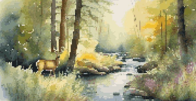 A peaceful forest with sunlight shining through leaves, a stream, colorful wildflowers, and a deer in the background.