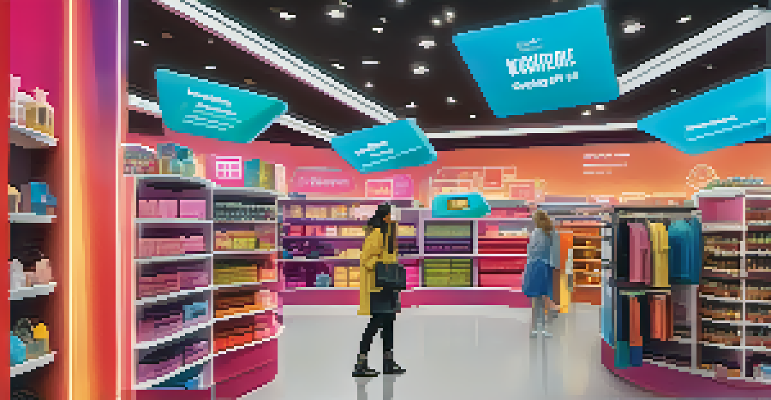 A virtual reality shopping experience where a user explores a store designed to match their personal preferences with floating product icons.