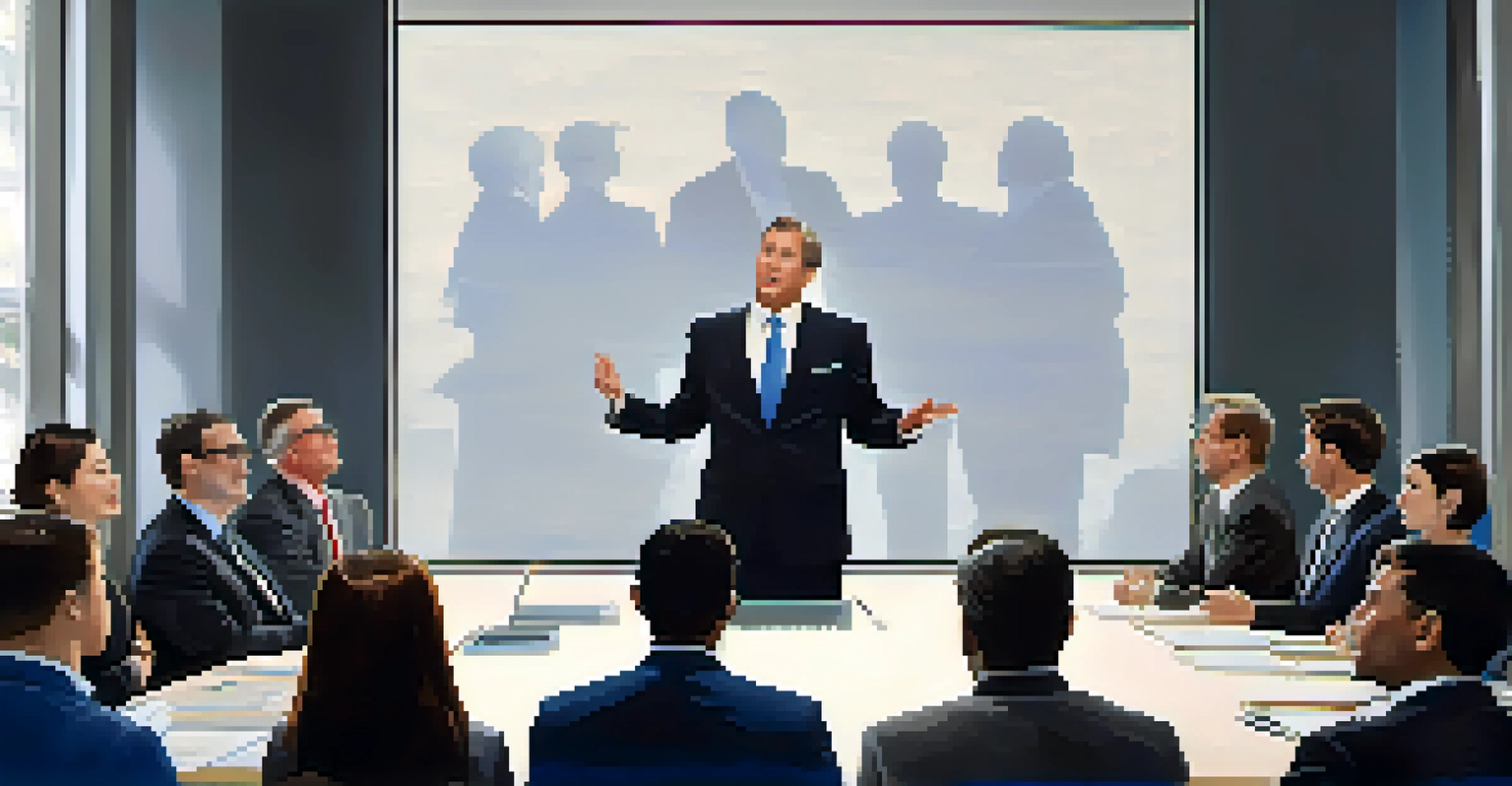 A corporate leader addressing employees in a meeting room filled with ethical guidelines and values on the walls.