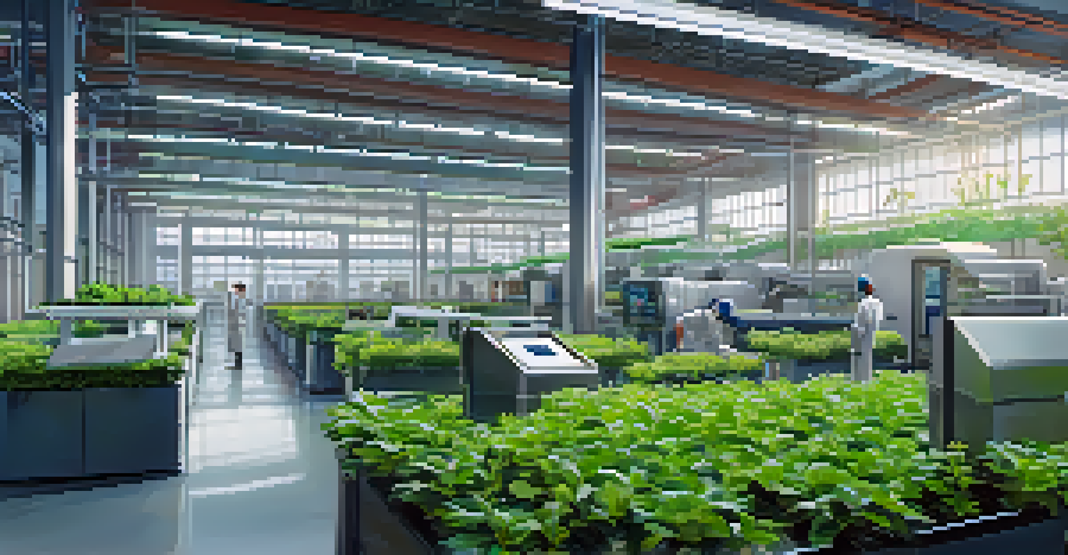 A modern factory interior featuring advanced technology with IoT sensors and green plants, highlighting sustainability and efficiency.