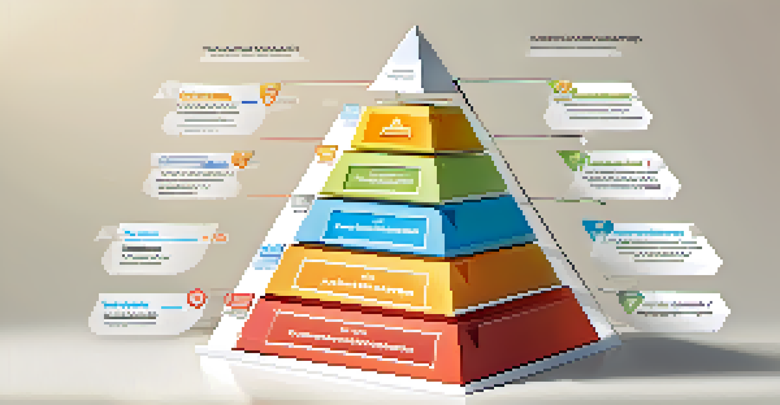 A colorful 3D pyramid illustrating a sales funnel with stages labeled and customer feedback icons surrounding it.