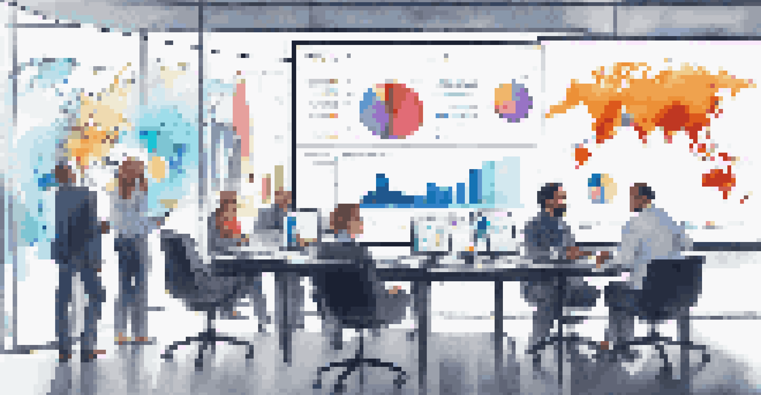 A diverse group of professionals collaborating around a screen filled with graphs and charts in a modern office setting.