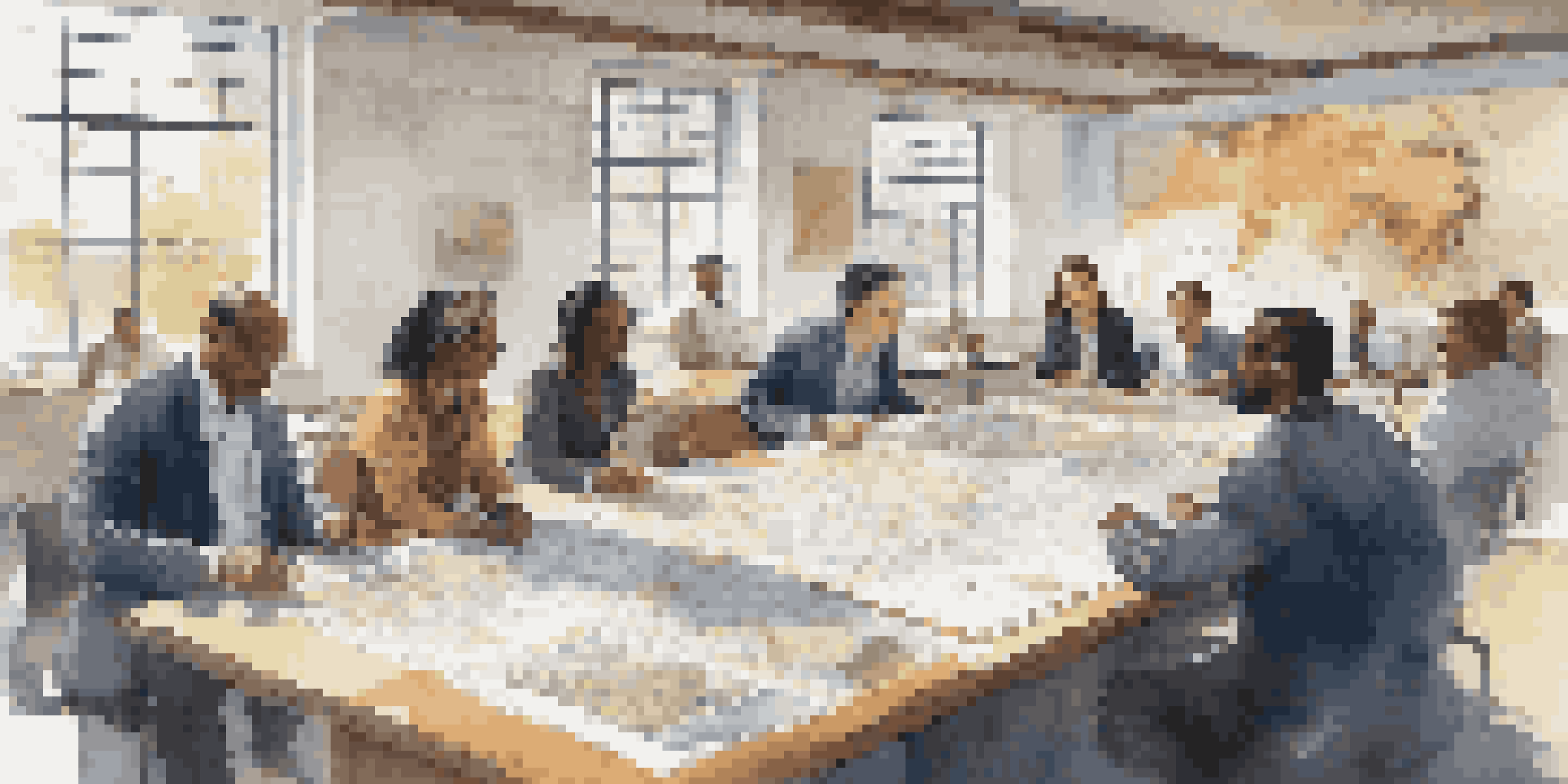 A diverse group of supply chain professionals in a workshop, surrounded by cultural artifacts and documents, discussing actively.