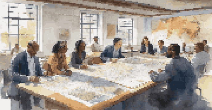 A diverse group of supply chain professionals in a workshop, surrounded by cultural artifacts and documents, discussing actively.