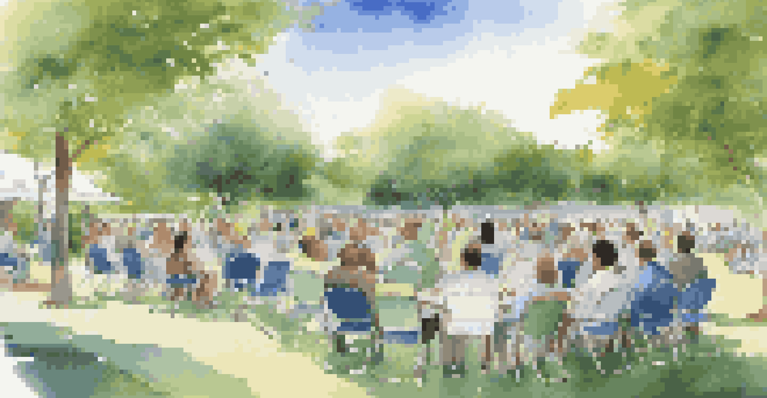 A community forum taking place outdoors with people discussing in a circle, surrounded by greenery.