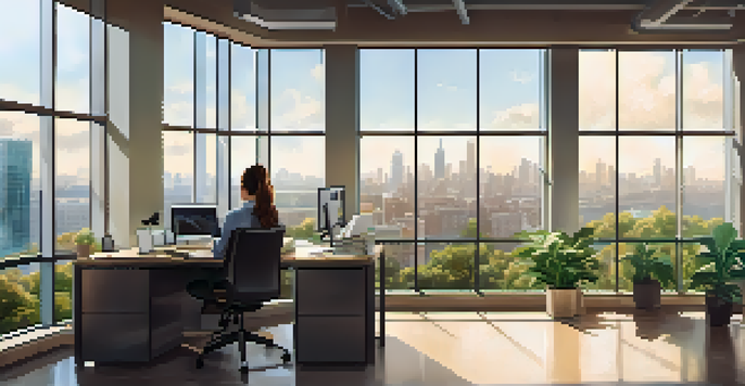 A person working in a modern office, using a smartphone with a view of the city outside the window.