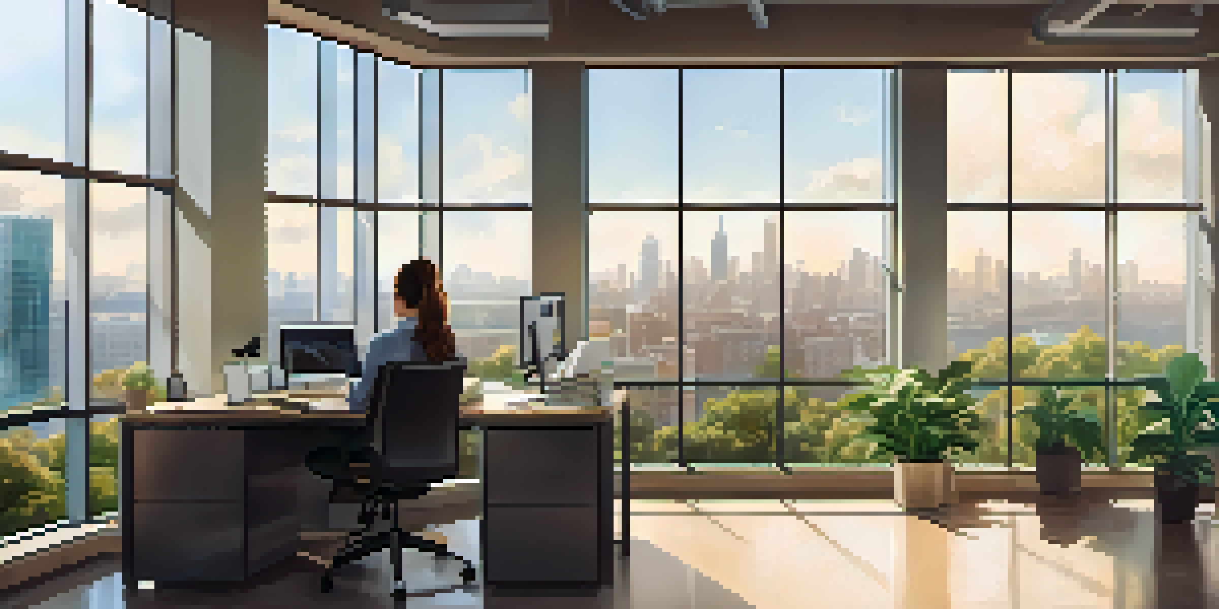 A person working in a modern office, using a smartphone with a view of the city outside the window.