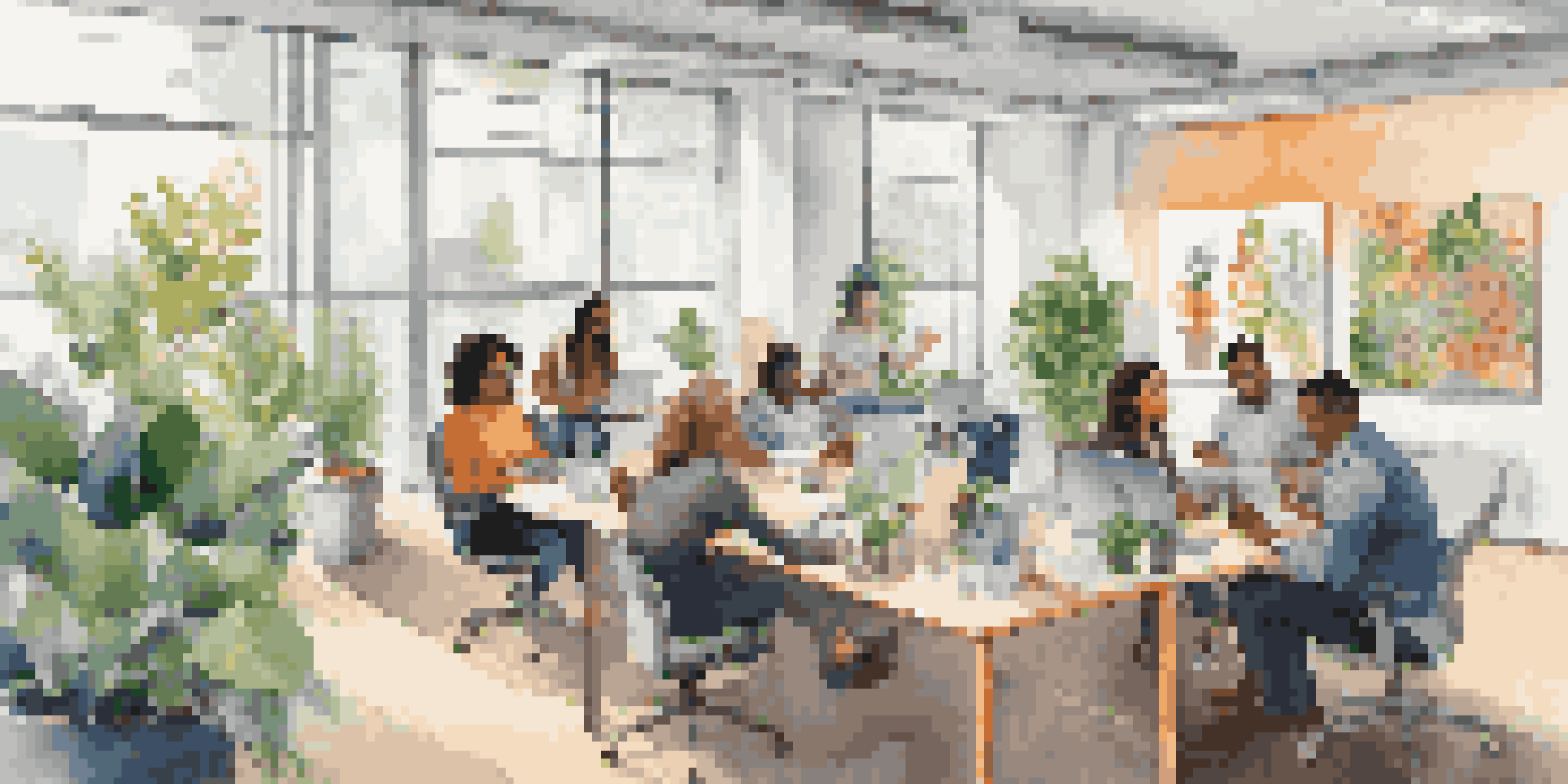 A diverse group of employees collaborating in a bright office space with natural light and colorful decor.