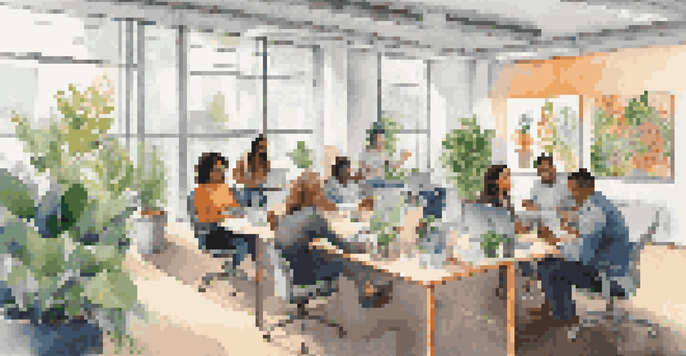 A diverse group of employees collaborating in a bright office space with natural light and colorful decor.
