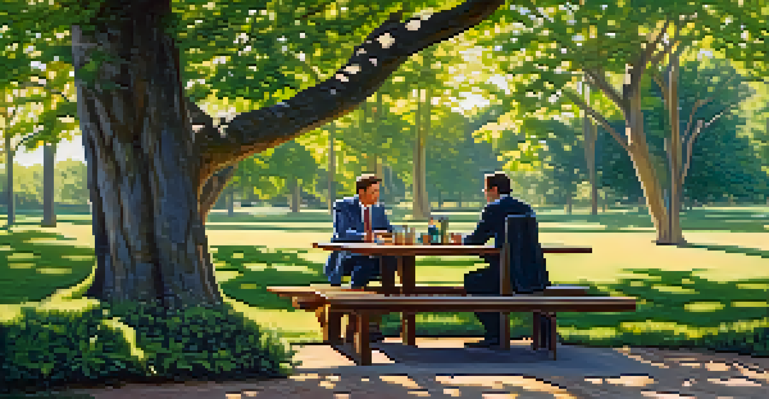 A casual lunch meeting between two professionals at a picnic table in a green outdoor setting, with sunlight filtering through the trees.