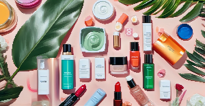 A flat lay arrangement of social media icons and beauty products on a marble surface with a green plant in the background.
