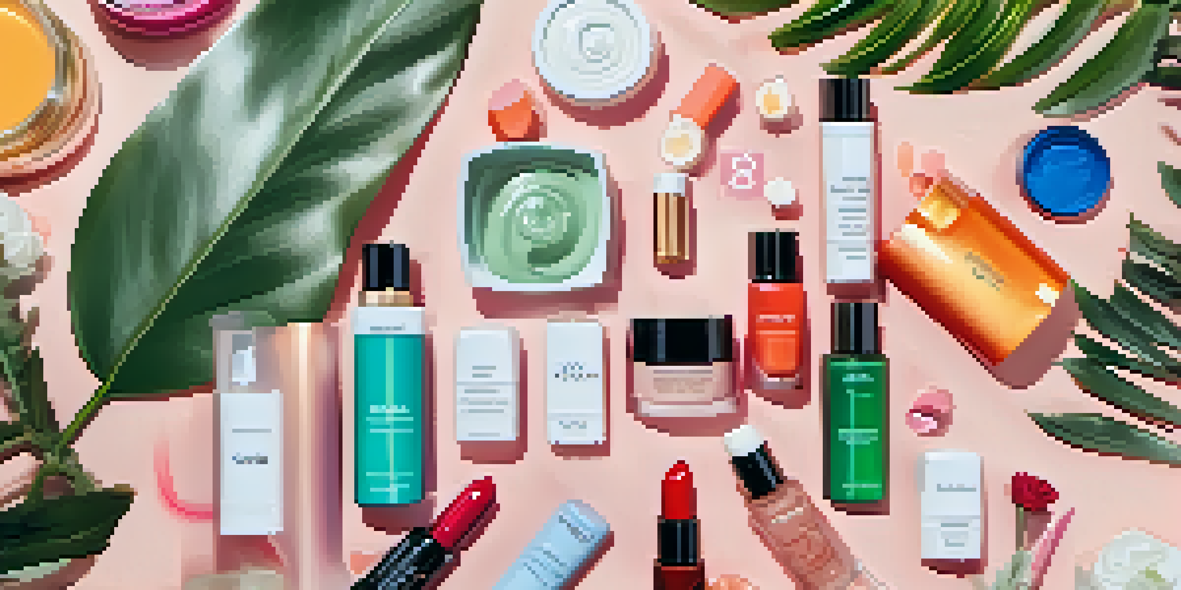 A flat lay arrangement of social media icons and beauty products on a marble surface with a green plant in the background.