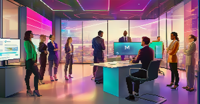 A diverse group of professionals collaborating in a modern office, discussing blockchain technology concepts displayed on a digital screen.