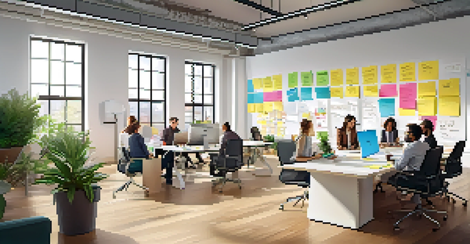 A diverse team working together in a bright startup office filled with brainstorming notes and natural light.