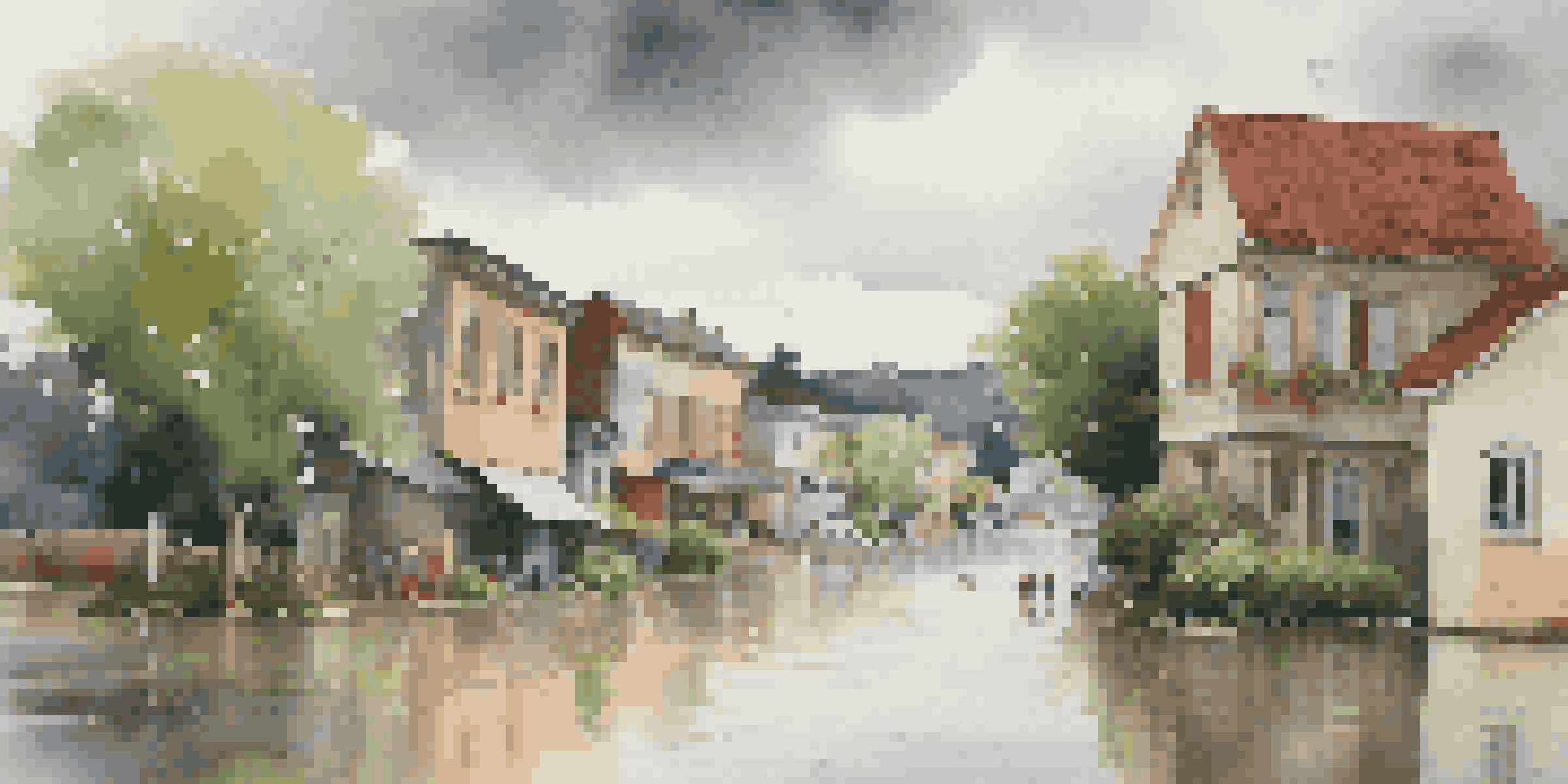 A peaceful town landscape showing the impact of heavy rainfall, with rising water levels and residents working together to protect their homes.
