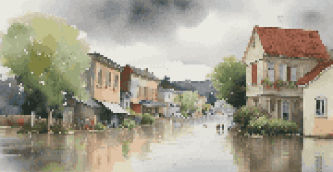 A peaceful town landscape showing the impact of heavy rainfall, with rising water levels and residents working together to protect their homes.