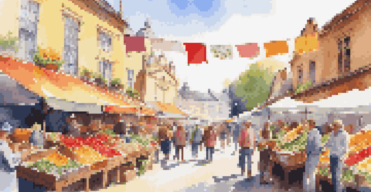 A vibrant outdoor market with colorful stalls selling fresh produce and crafts, bustling with people under a sunny sky.