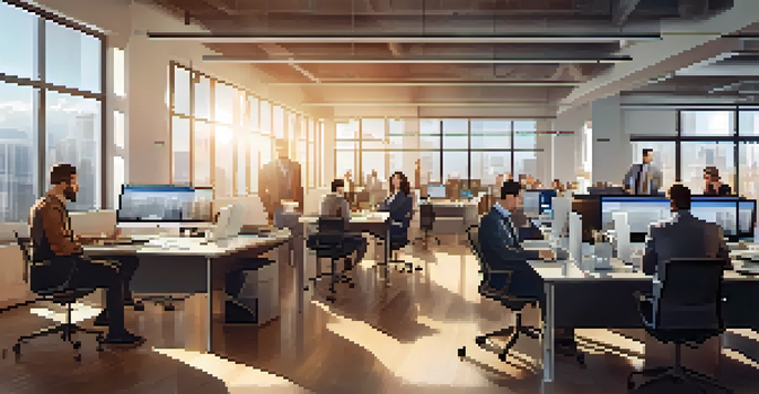 A diverse group of professionals collaborating in a bright modern office, with laptops and inspirational quotes on the walls.