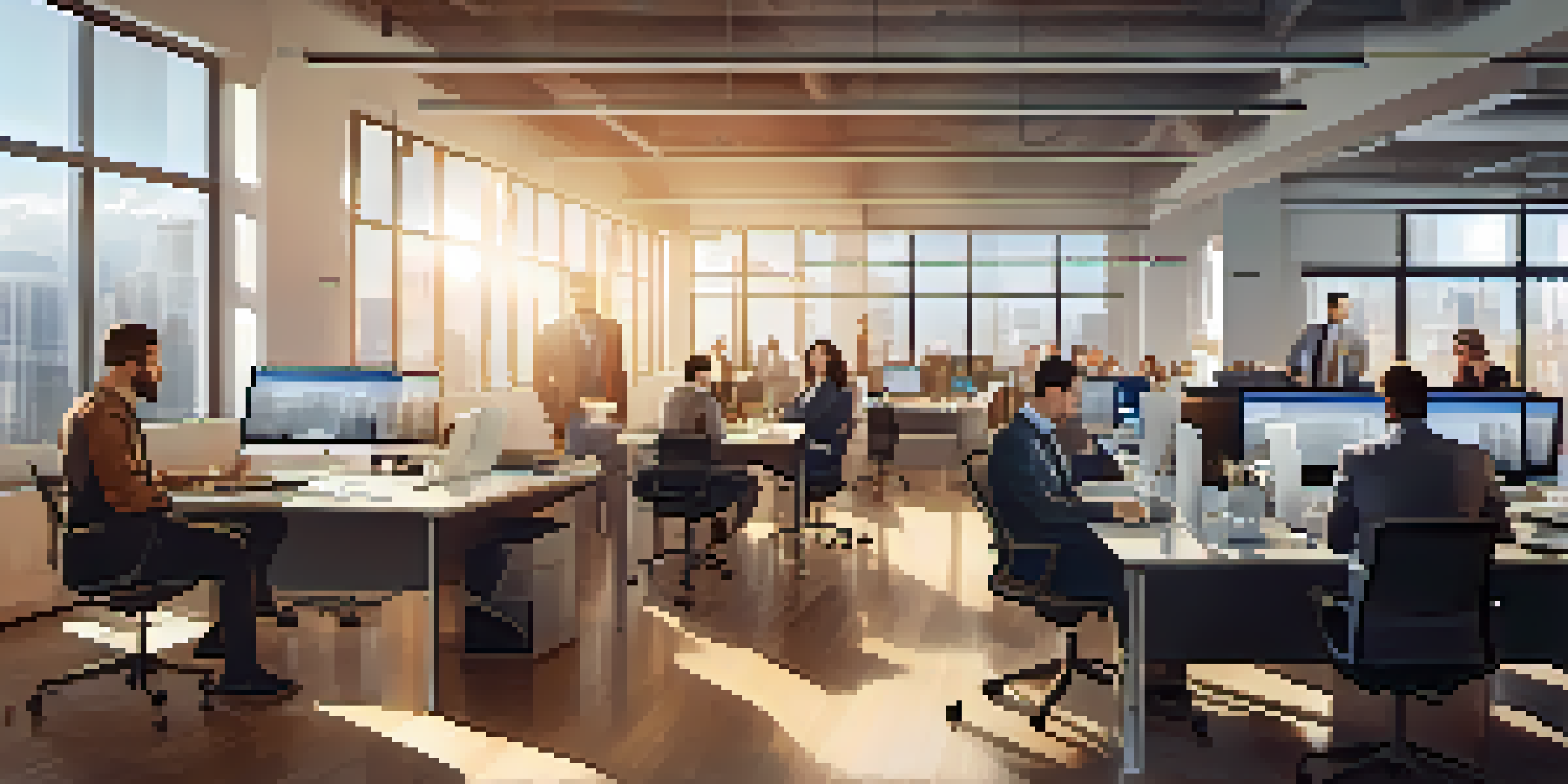 A diverse group of professionals collaborating in a bright modern office, with laptops and inspirational quotes on the walls.
