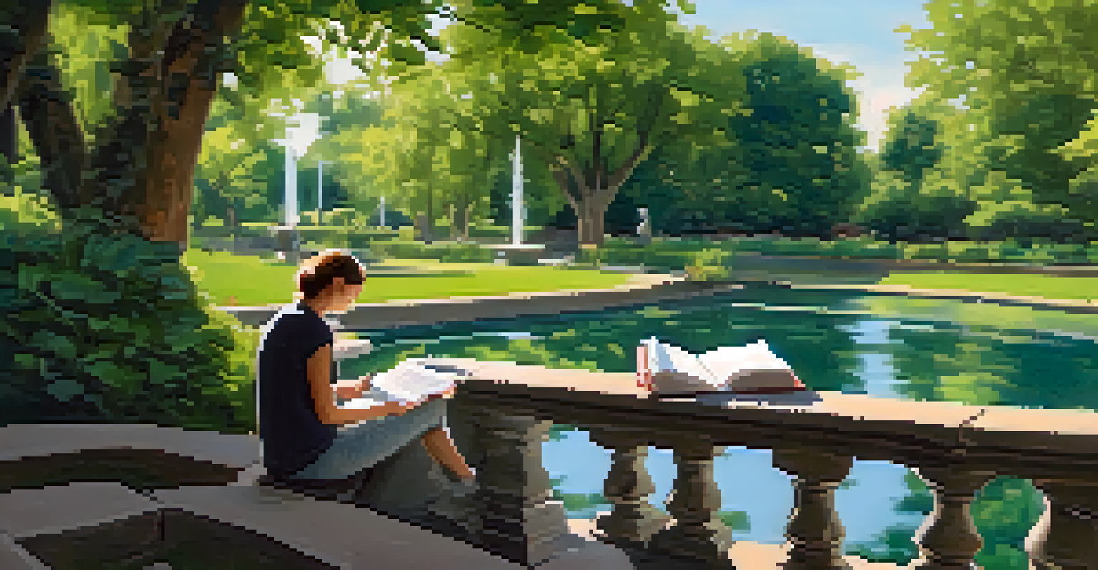 A person journaling in a peaceful park, reflecting on feedback, surrounded by greenery and sunlight filtering through the leaves.