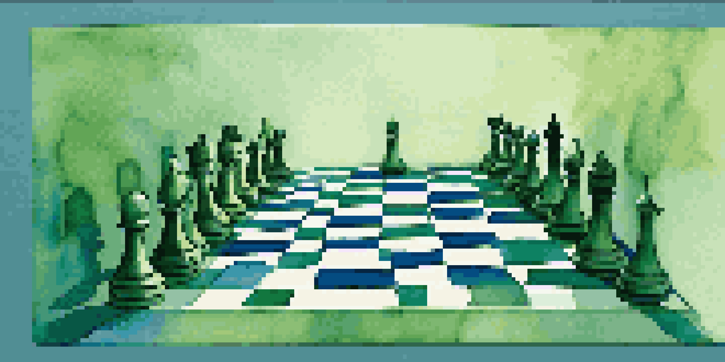 An abstract chessboard depicting silence in negotiation, with strategically placed pieces and a calm color palette.