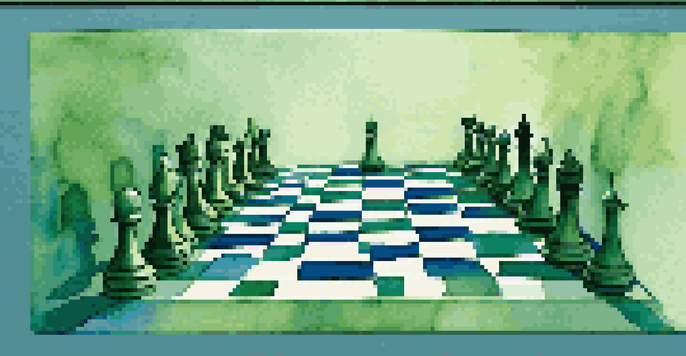 An abstract chessboard depicting silence in negotiation, with strategically placed pieces and a calm color palette.