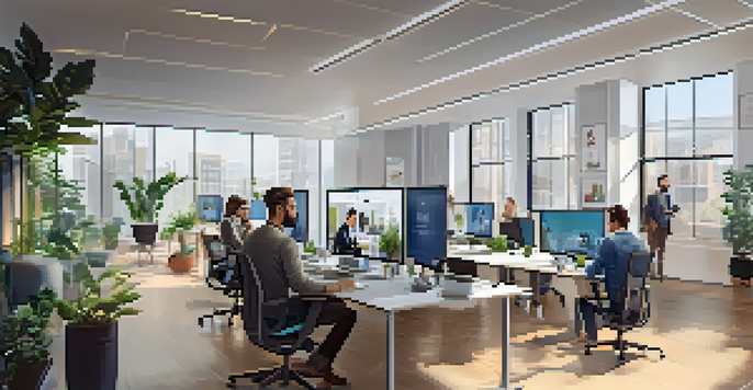 A diverse group of remote workers in a bright office space, collaborating through video conference on a large screen.