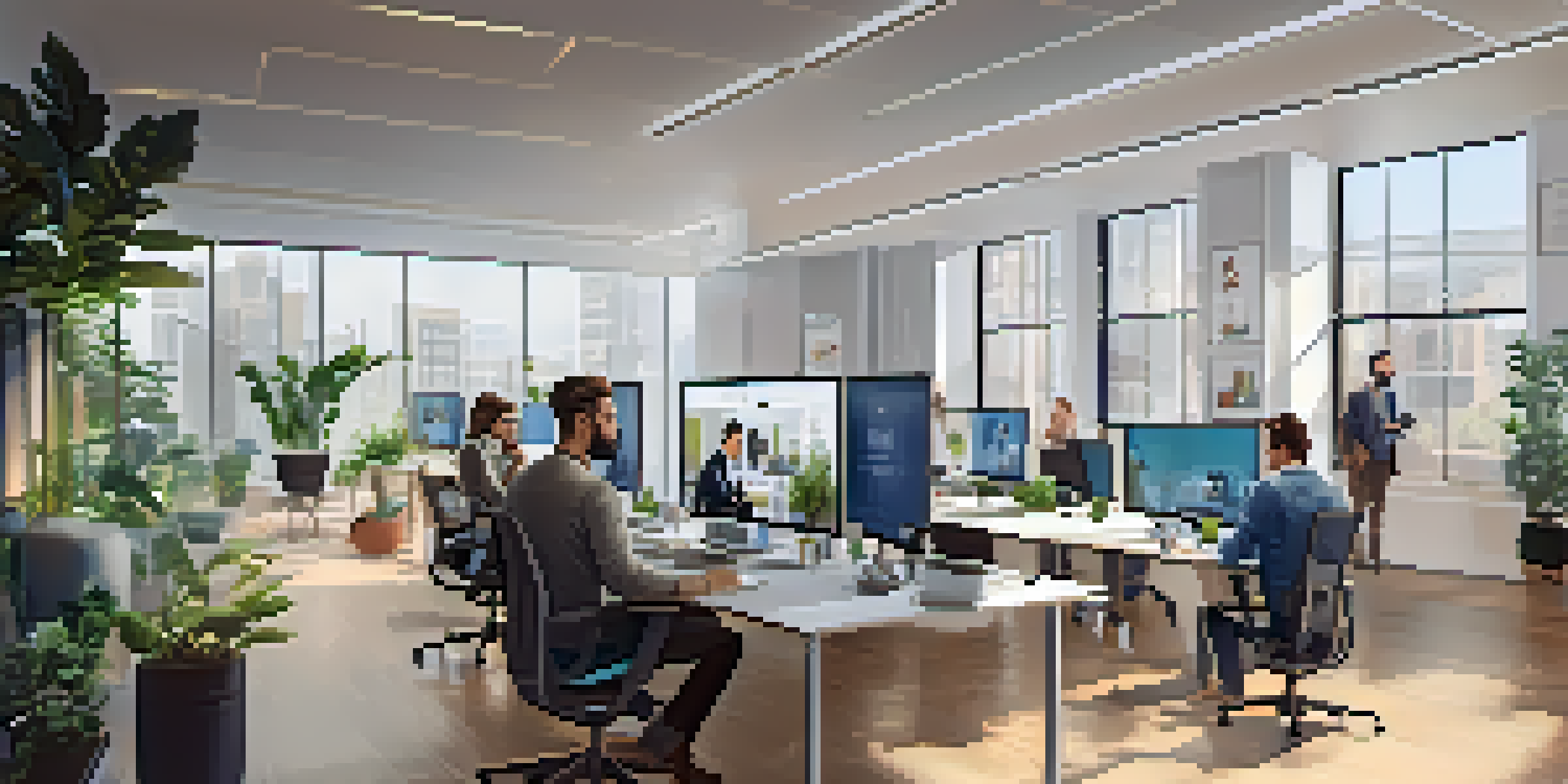 A diverse group of remote workers in a bright office space, collaborating through video conference on a large screen.