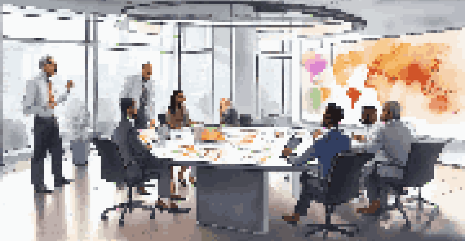 A diverse group of business professionals brainstorming around a conference table with digital screens.