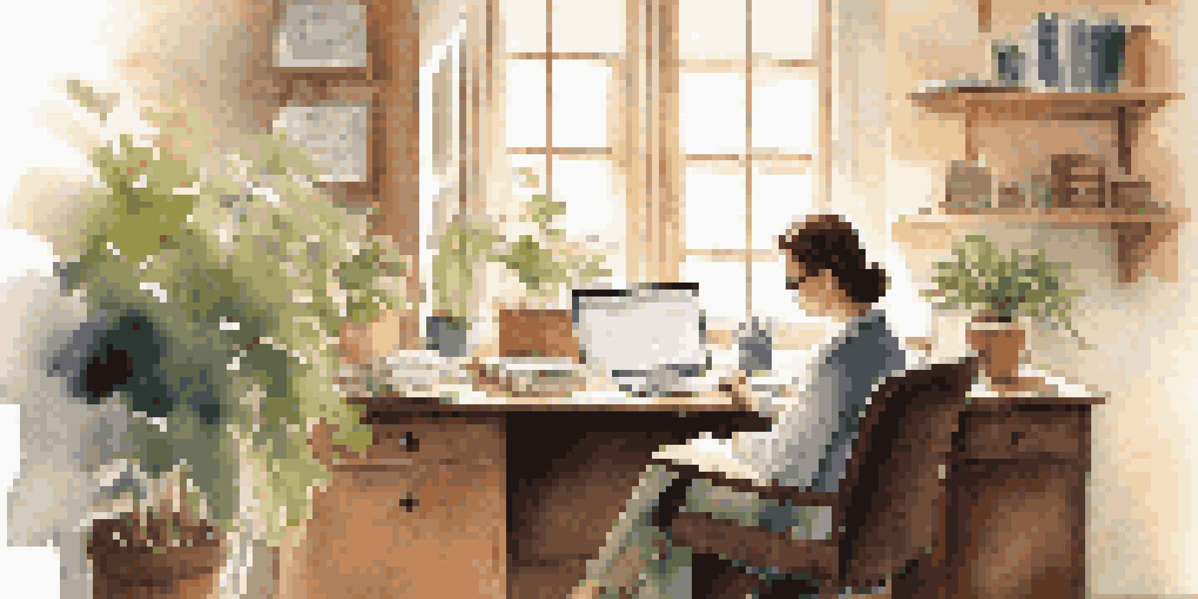 A professional person writing a follow-up email at a desk in a sunlit office with plants in the background.