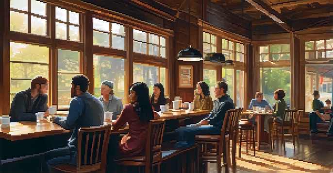 A cozy coffee shop with diverse people sharing stories, illuminated by sunlight.