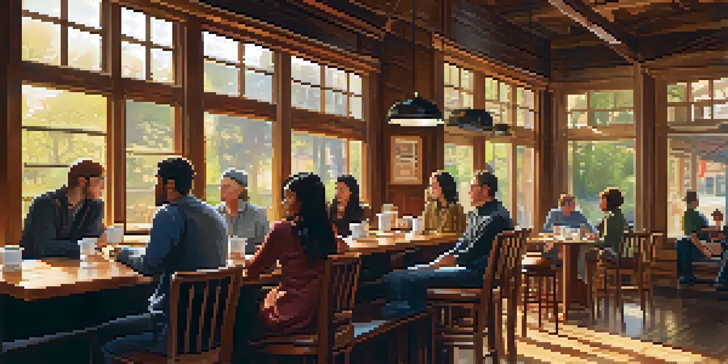 A cozy coffee shop with diverse people sharing stories, illuminated by sunlight.