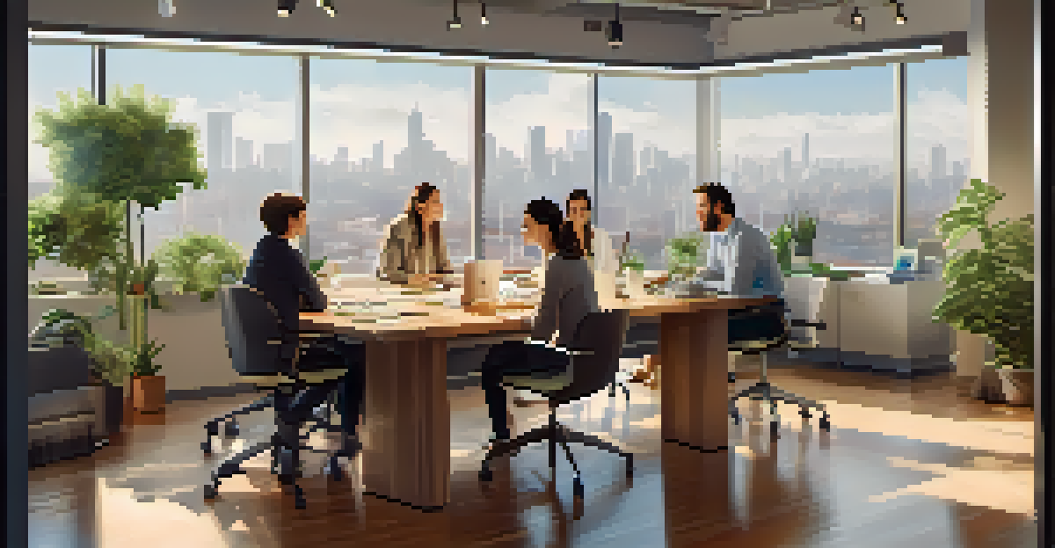 A team meeting in a bright and eco-friendly workspace with plants and a view of the city skyline.