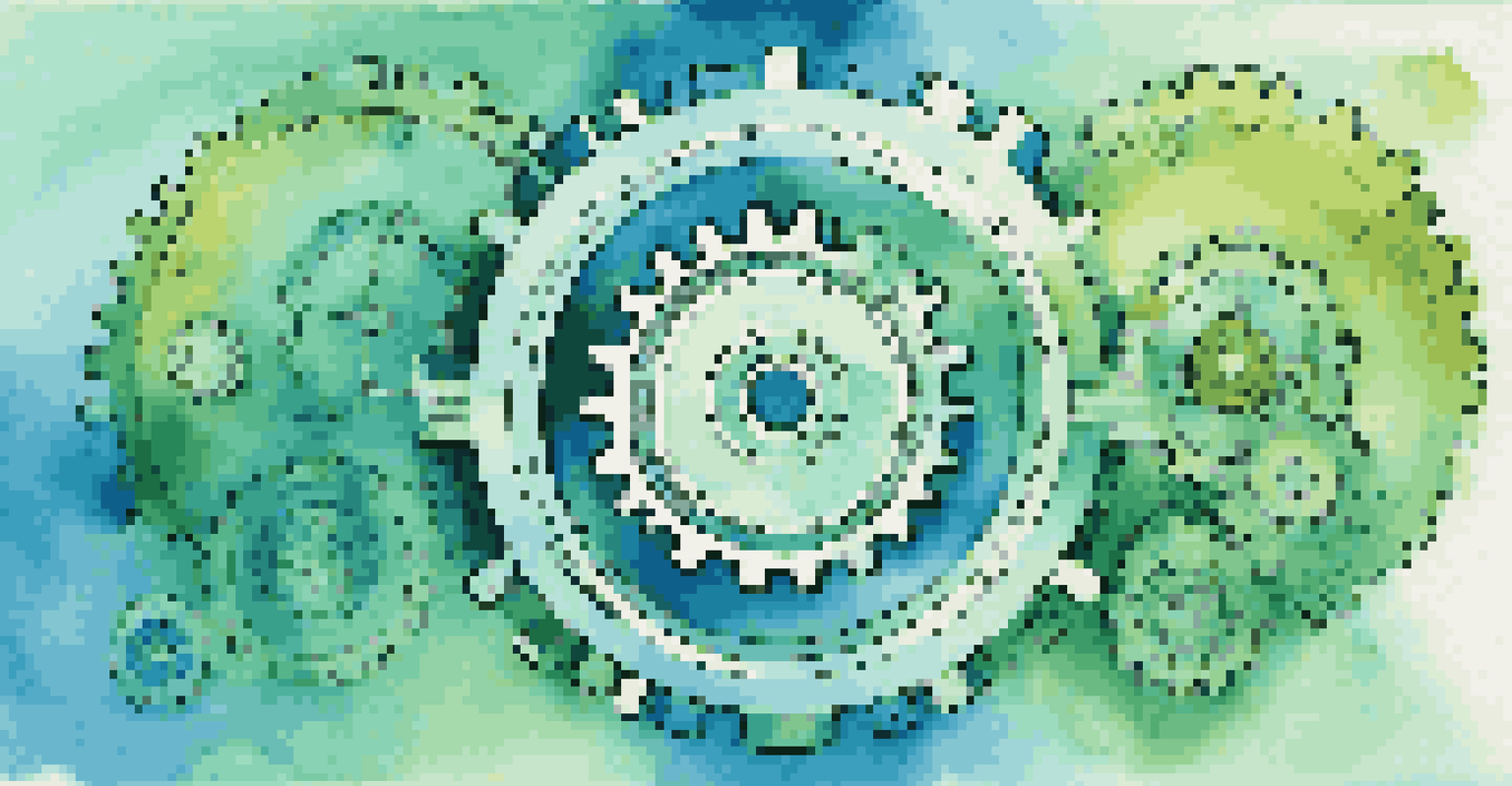 An abstract representation of Agile methodologies with interconnected gears and arrows on a gradient background.