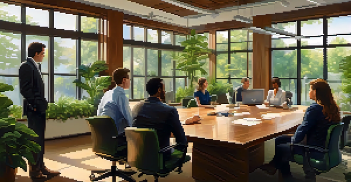 A diverse group of employees in a bright office discussing ethics, surrounded by motivational quotes and plants.